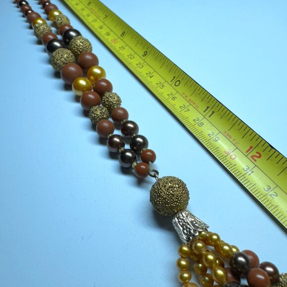 Vintage Beaded Necklace with Tassel Pendant Faux Plastic Pearls Brown and Gold - Picture 7 of 8
